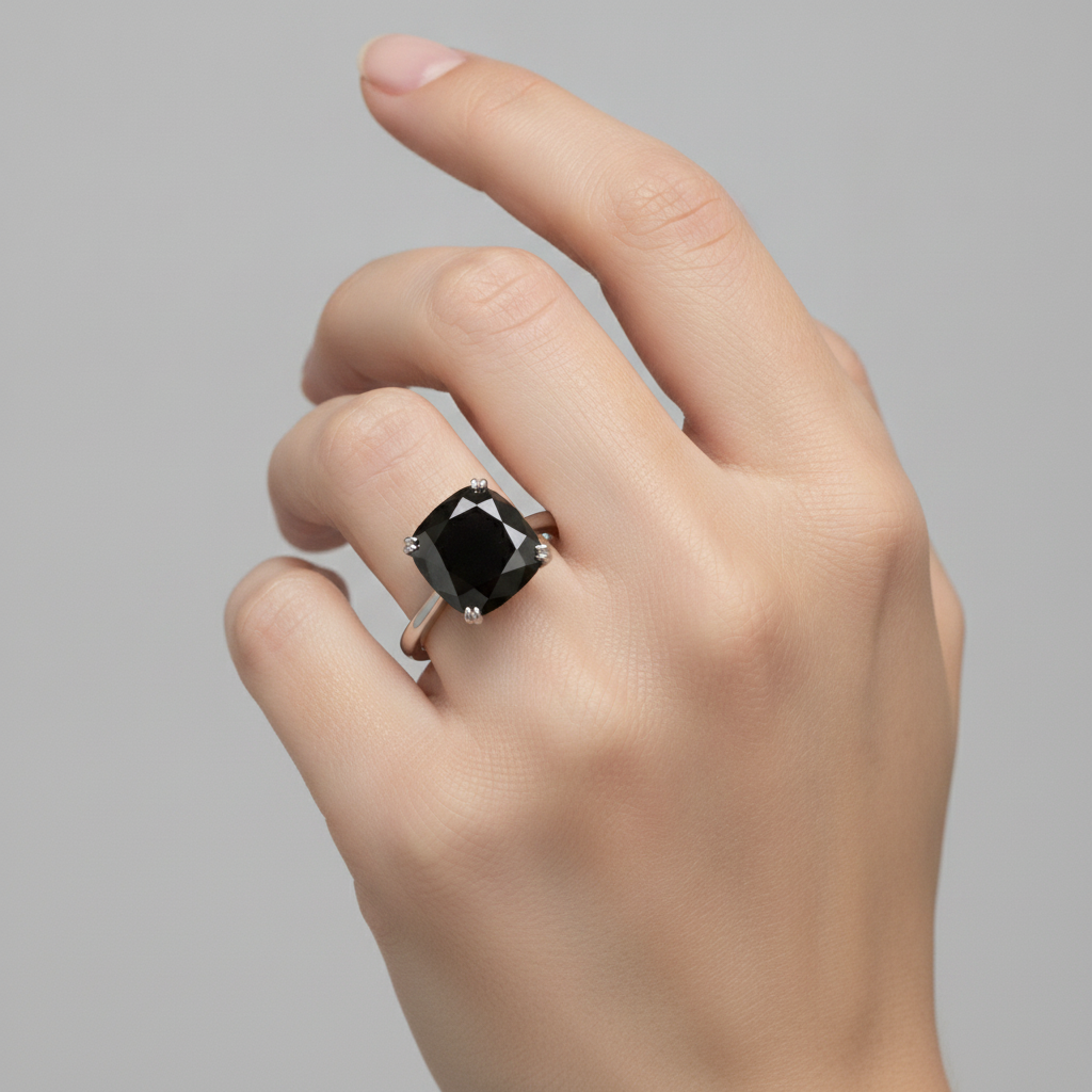 Ehering mit echtem schwarzem Diamant 5 Karat Kissenschliff Solitär Kathedral-Fassung 14 Karat Weißgold