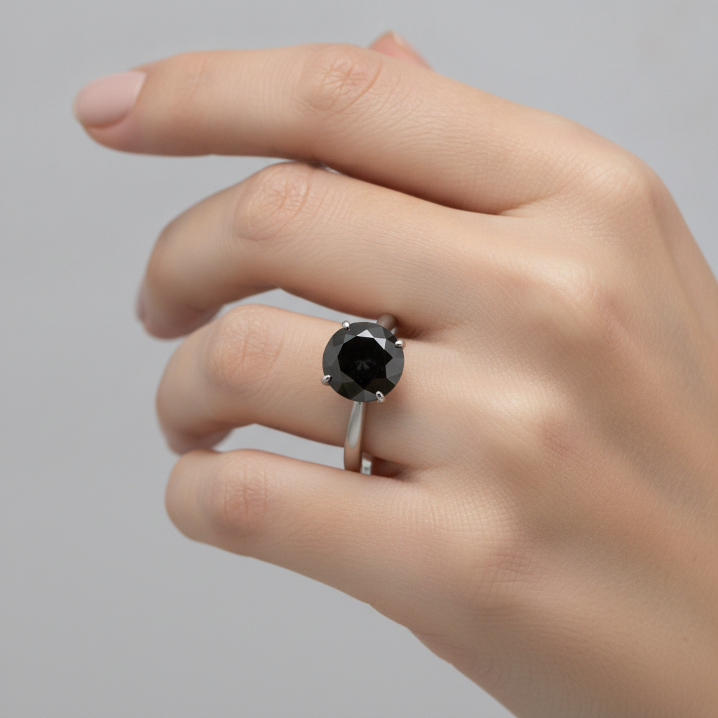 Schwarzer Diamantschmuck – Echter runder Solitärring 5 Karat, schlicht, 14 Karat Weißgold
