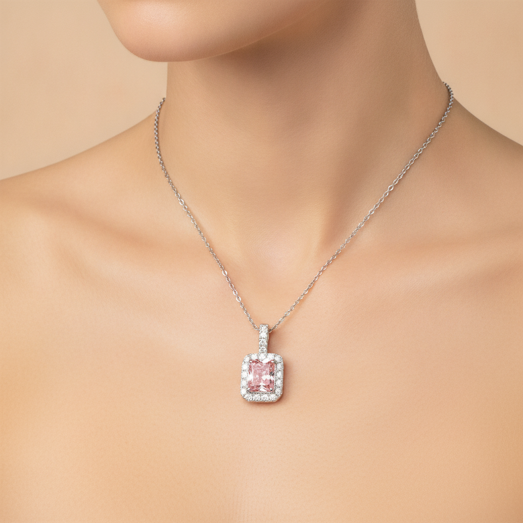 Halskette mit rosa Diamant, 2,25 Karat, im Labor gezüchtet, Radiant Halo Anhänger, 14 Karat Weißgold