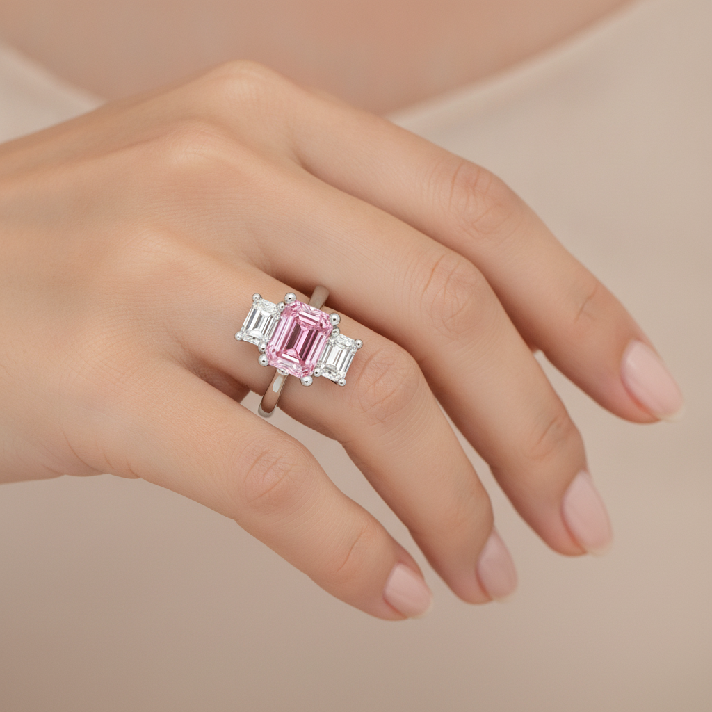 Verlobungsring mit rosa Diamant, 2,5 Karat, im Labor gezüchtet, Smaragdschliff, Dreistein, Kathedralfassung, 14 Karat Weißgold