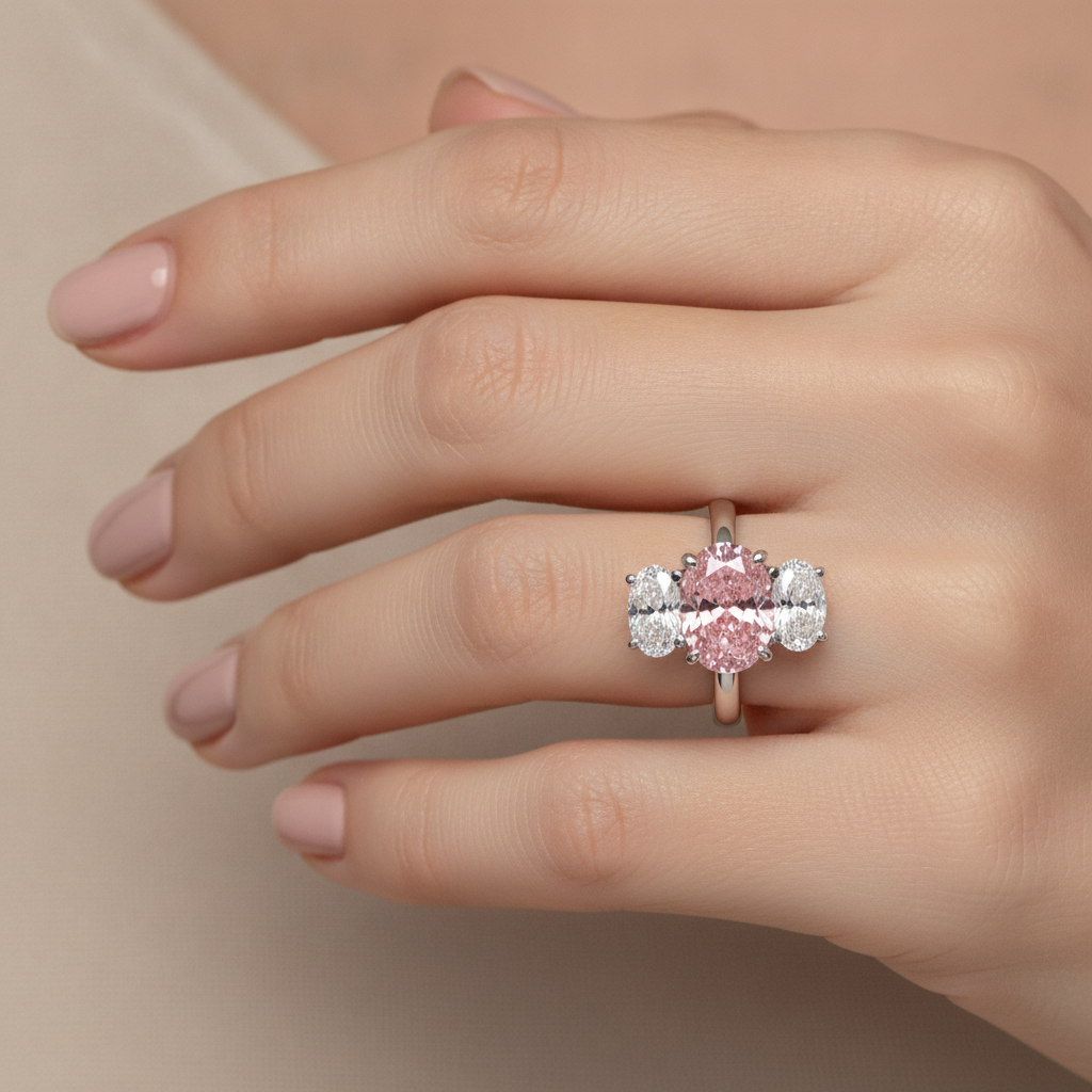 Rosa Verlobungsring 2,5 Karat im Labor gezüchteter ovaler Diamant Drei Steine 14 Karat Weißgold