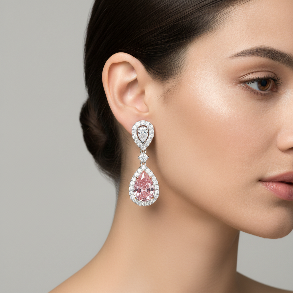 Ohrringe mit rosa Diamanten 2,5 Karat im Labor gezüchtet Tropfenschliff Halo 14 Karat Weißgold