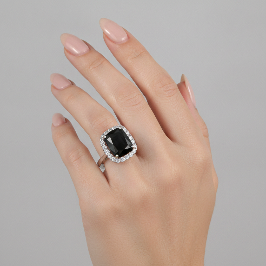 Schwarzer Verlobungsring 10 Karat echter Diamant im Radiantschliff Halo 14 Karat Weißgold