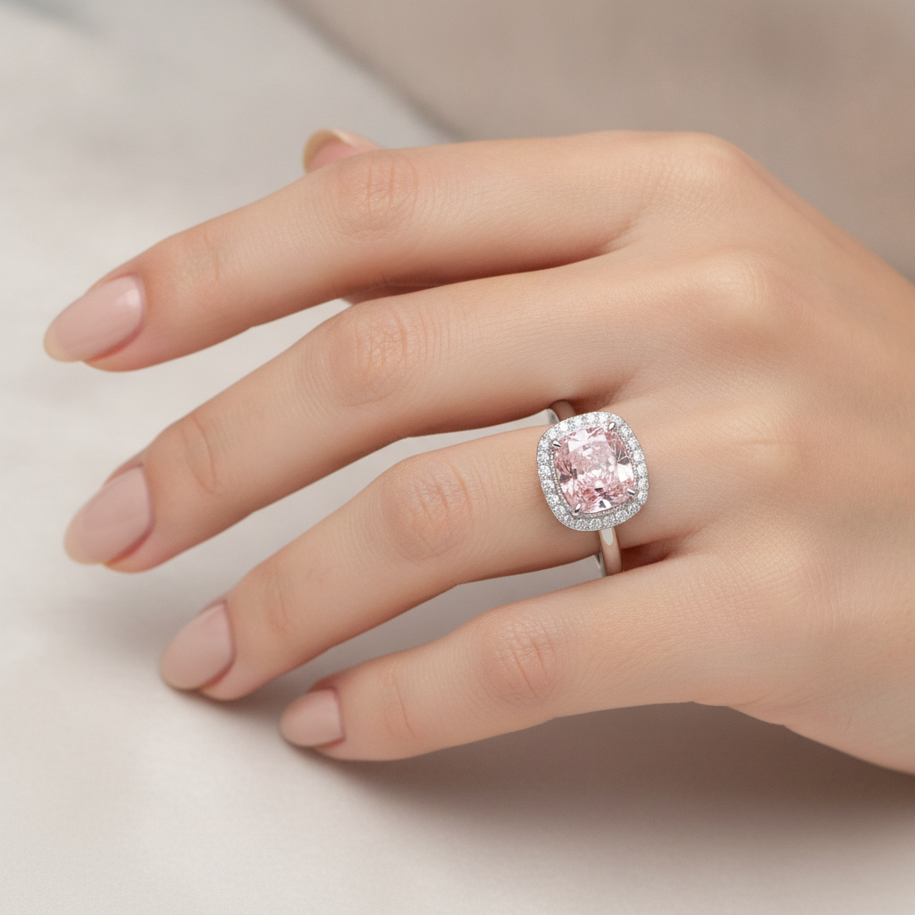 Pinkfarbener Diamantring 2,75 Karat im Labor gezüchtet Kissenschliff Halo 14 Karat Weißgold