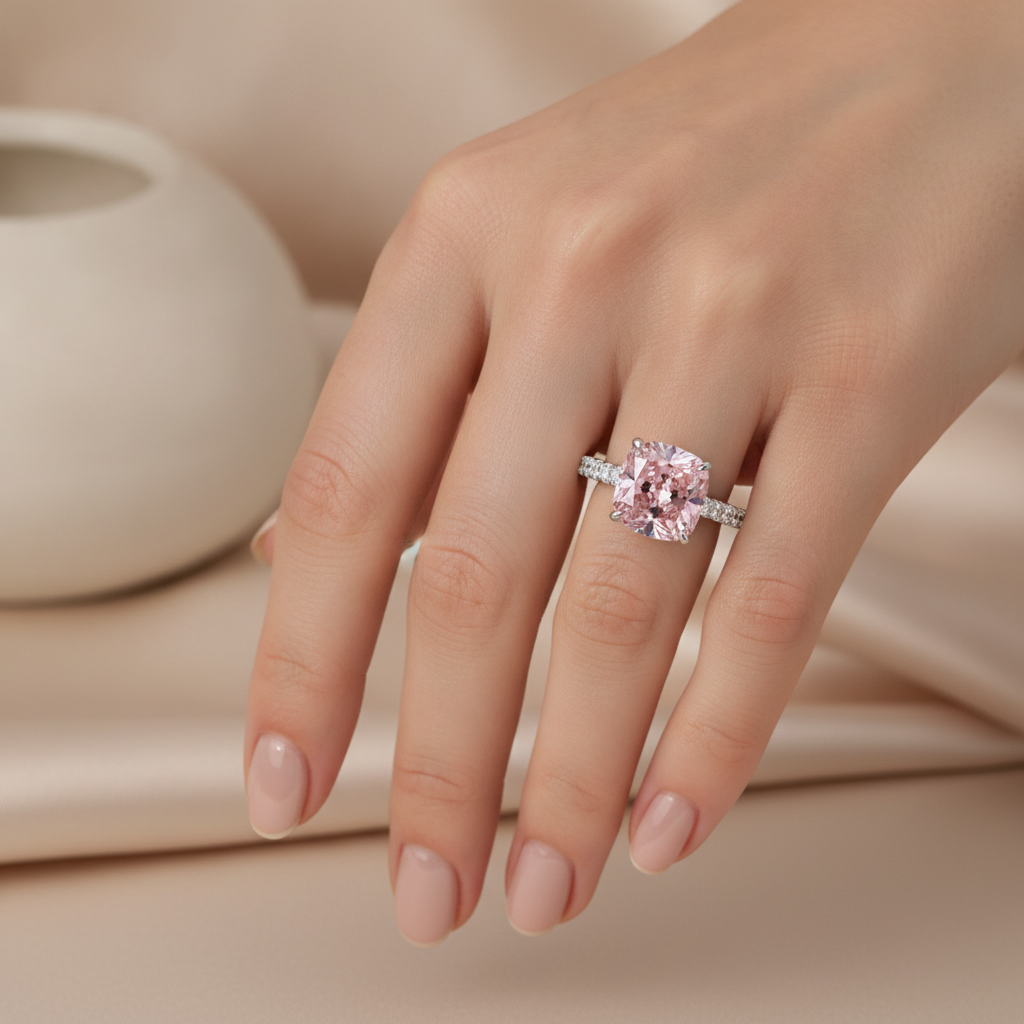 Rosa Diamantring 2,75 Karat, im Labor gezüchtet, Kissenschliff, Pavé, 14 Karat Weißgold