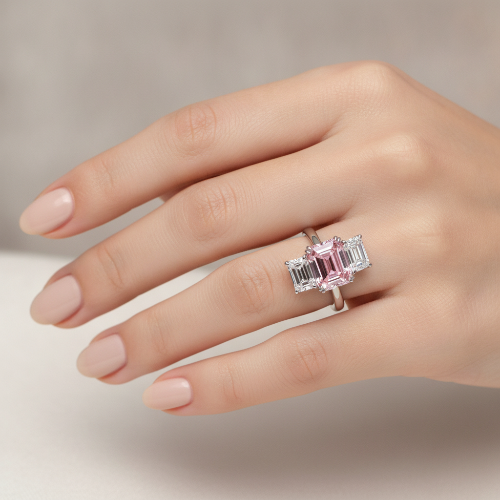 Dreisteinring mit im Labor gezüchtetem rosa Diamanten im Smaragdschliff, 2,75 Karat, 14 Karat Weißgold