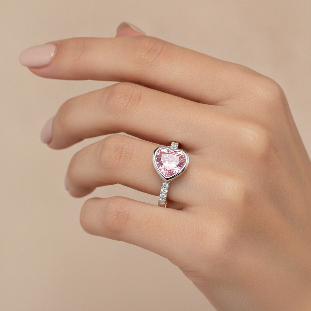 Pinker Herz-Diamantring 2 Karat im Labor gezüchtet Lünette 14 Karat Weißgold
