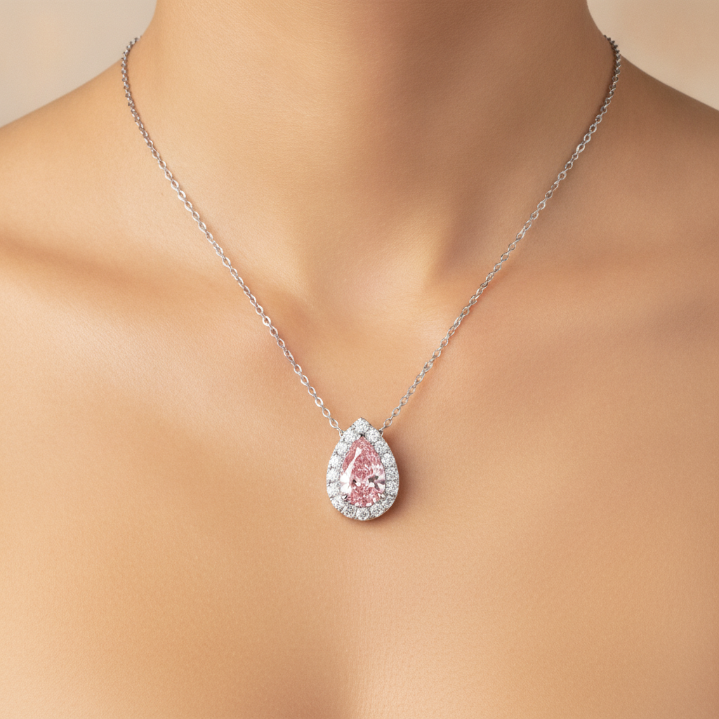 Halskette mit rosa Diamant 2 Karat im Labor gezüchtet Tropfen-Halo-Anhänger 14 Karat Weißgold