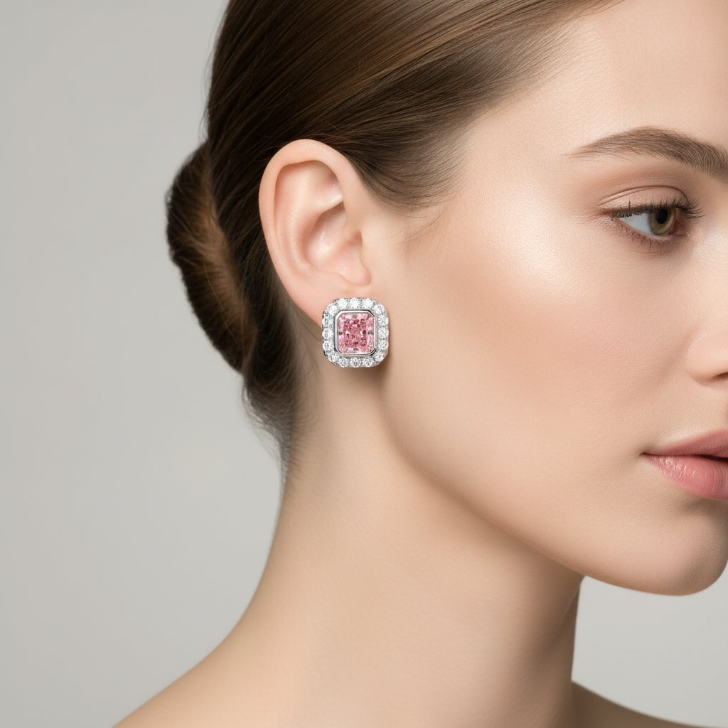 Rosa Diamant-Ohrringe 2 Karat im Labor gezüchtet Radiant-Schliff Halo 14 Karat Weißgold