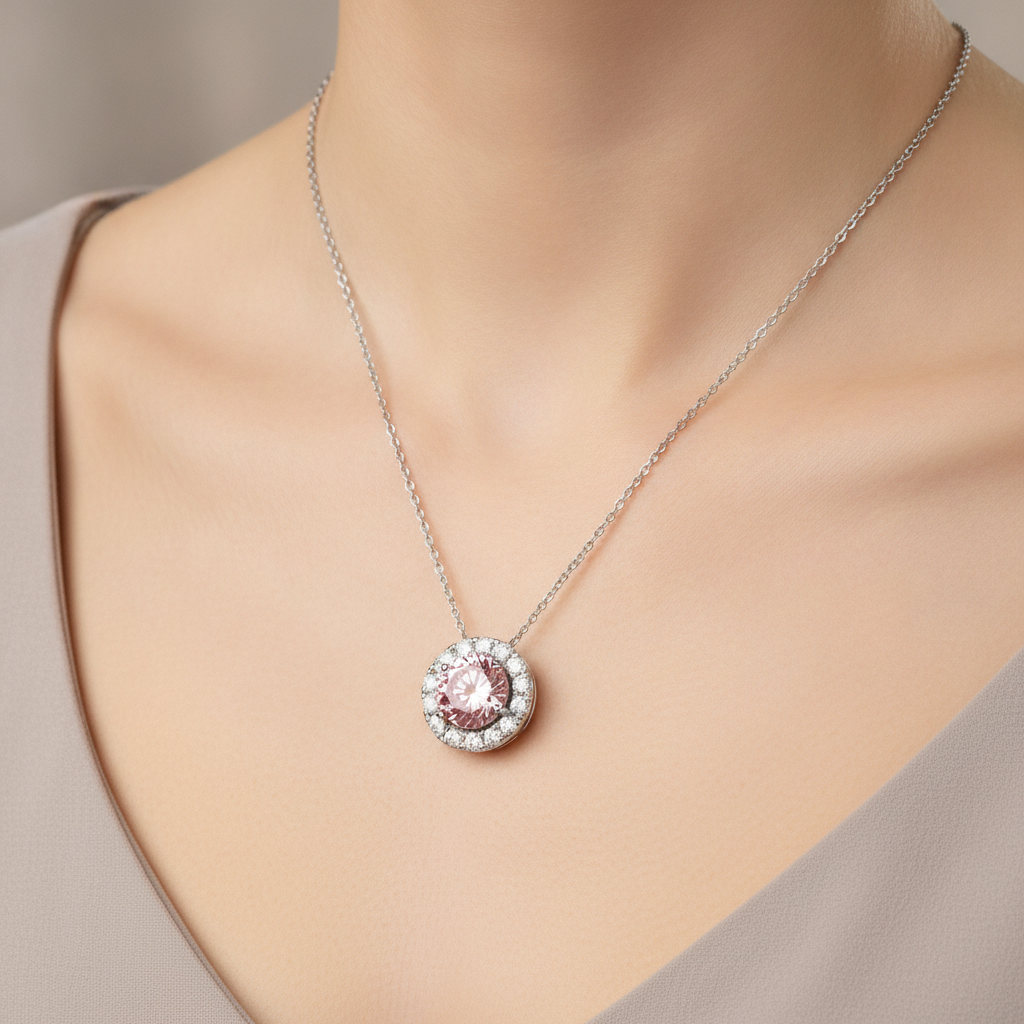 Rosa Diamant-Halskette, 2 Karat, im Labor gezüchtet, runder Halo-Anhänger, 14 Karat Weißgold