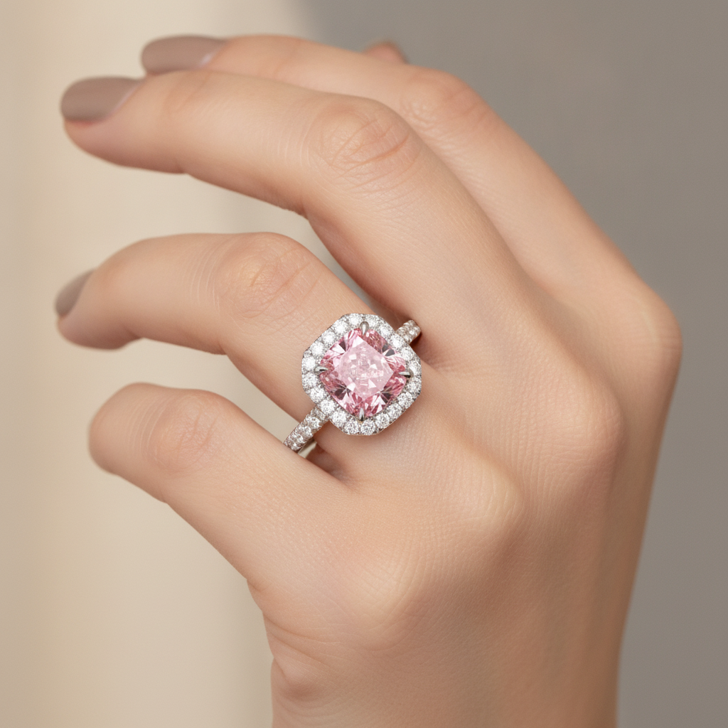 Rosa Diamantring 3,25 Karat im Labor gezüchtet Kissenschliff Halo Pavé 14 Karat Weißgold