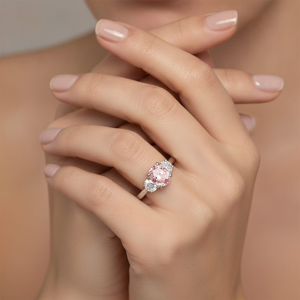Im Labor gezüchteter rosa Diamant, 3,5 Karat, ovaler Dreisteinring, 14 Karat Weißgold