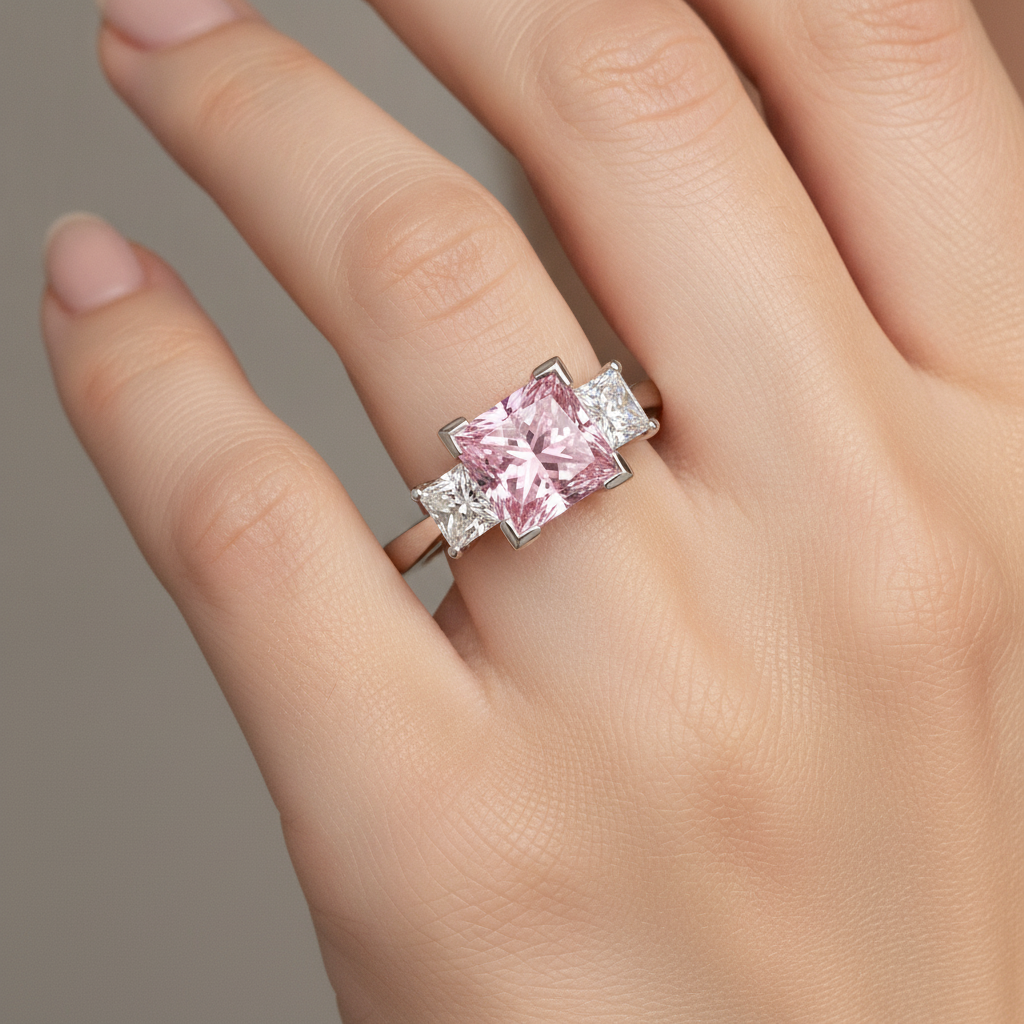 Pinkfarbener Diamantring, 3,5 Karat, im Labor gezüchtet, Princess-Schliff, Dreistein, 14 Karat Weißgold