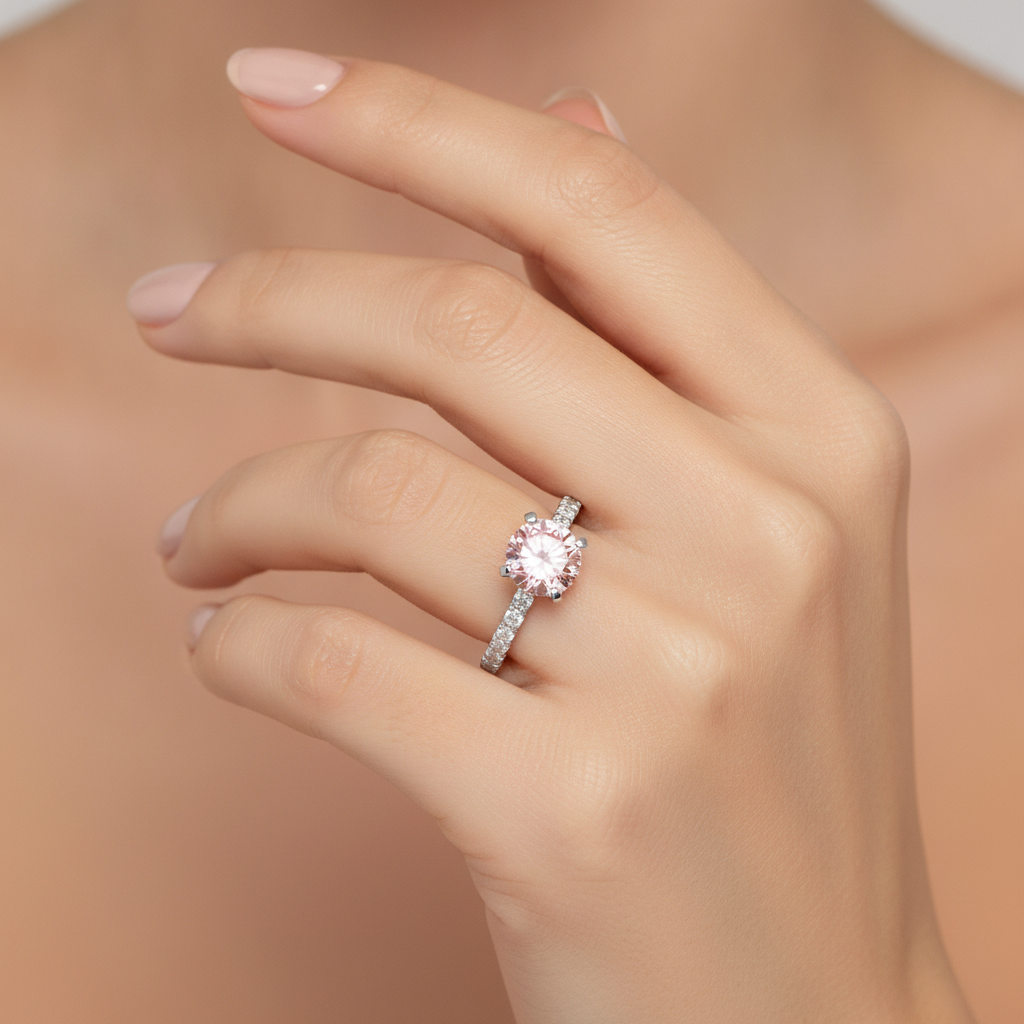 Rosa Diamantring 3,5 Karat im Labor gezüchtet, rund, Pavé, 14 Karat Weißgold