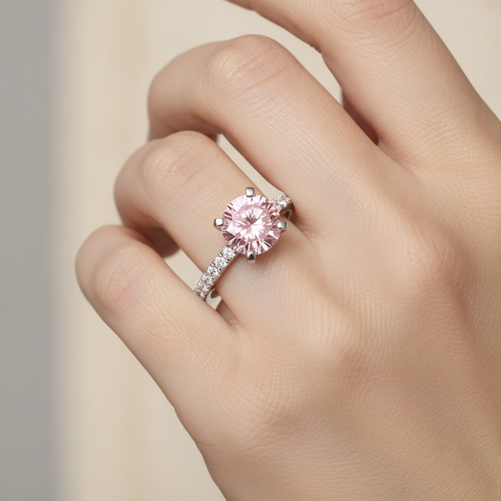 Verlobungsring mit rosa Diamant, 3,5 Karat, im Labor gezüchtet, Rundschliff, Pavé, Kathedrale, 14 Karat Weißgold
