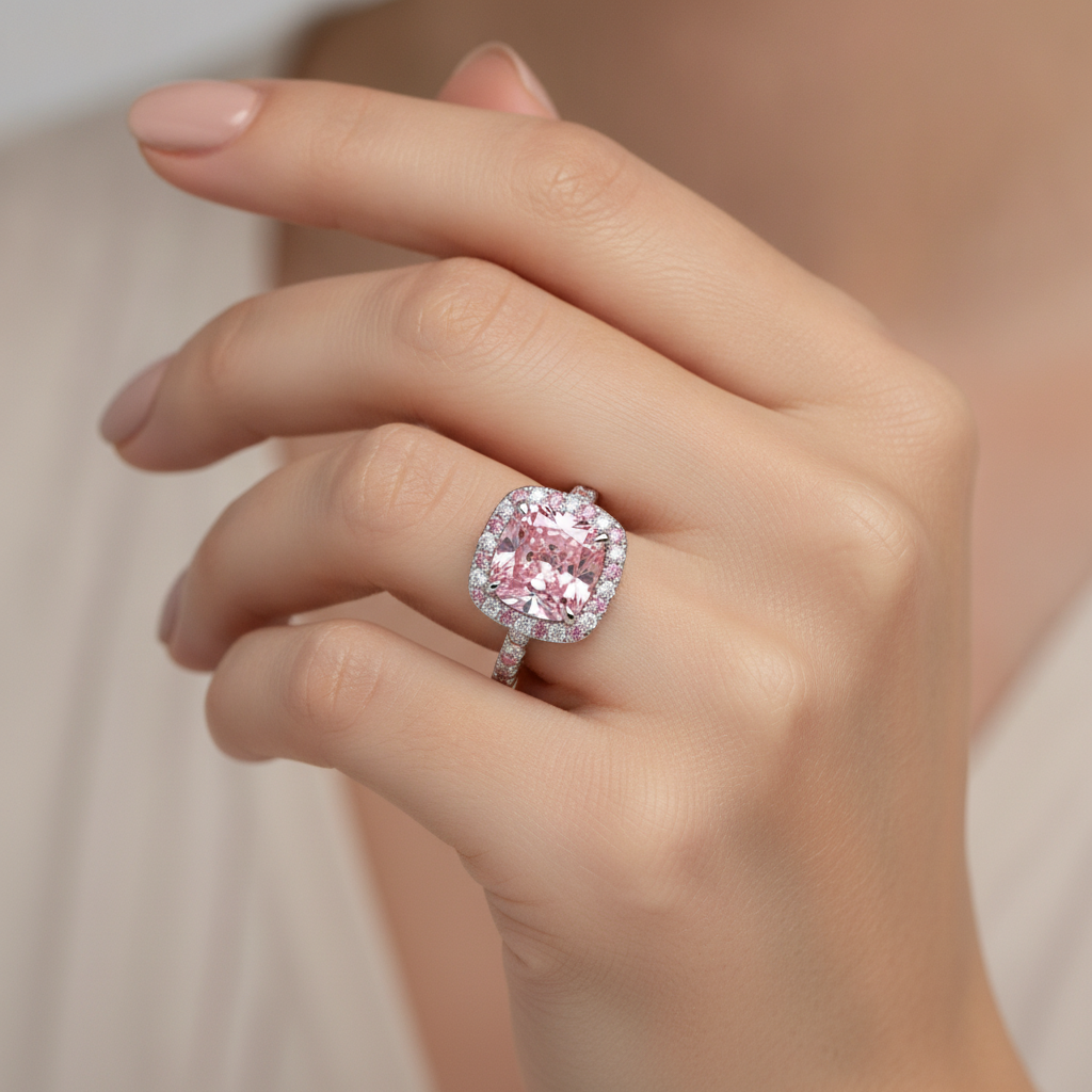 Im Labor gezüchteter rosa Diamant, 3,75 Karat, Halo-Ring im Kissenschliff, 14 Karat Weißgold