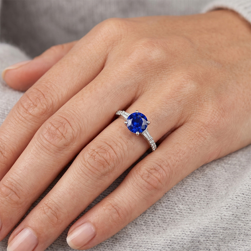 3 Steine Stil echter runder Diamant & blauer Saphir Ring 5 Karat