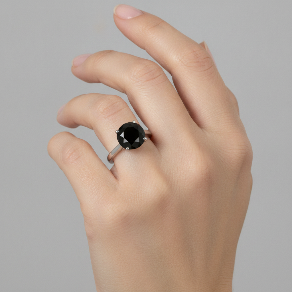 Ehering mit echtem schwarzem Diamanten, 3,5 Karat, runder Solitär, Kathedralfassung, 14 Karat Weißgold