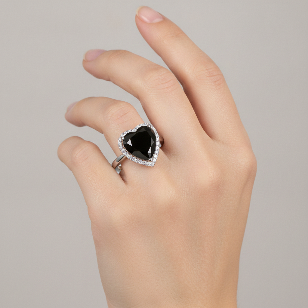 Ehering mit echtem schwarzem Diamant, 9 Karat, Herz-Halo, 14 Karat Weißgold