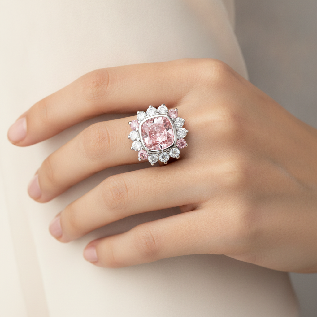 Halo-Ring im Kissenschliff mit im Labor gezüchtetem pinkfarbenem Diamanten, 5,5 Karat, 14 Karat Weißgold