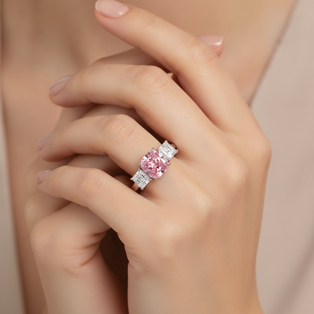 Rosa Verlobungsring 5,5 Karat im Labor gezüchteter Diamant im Kissenschliff Dreistein 14 Karat Weißgold