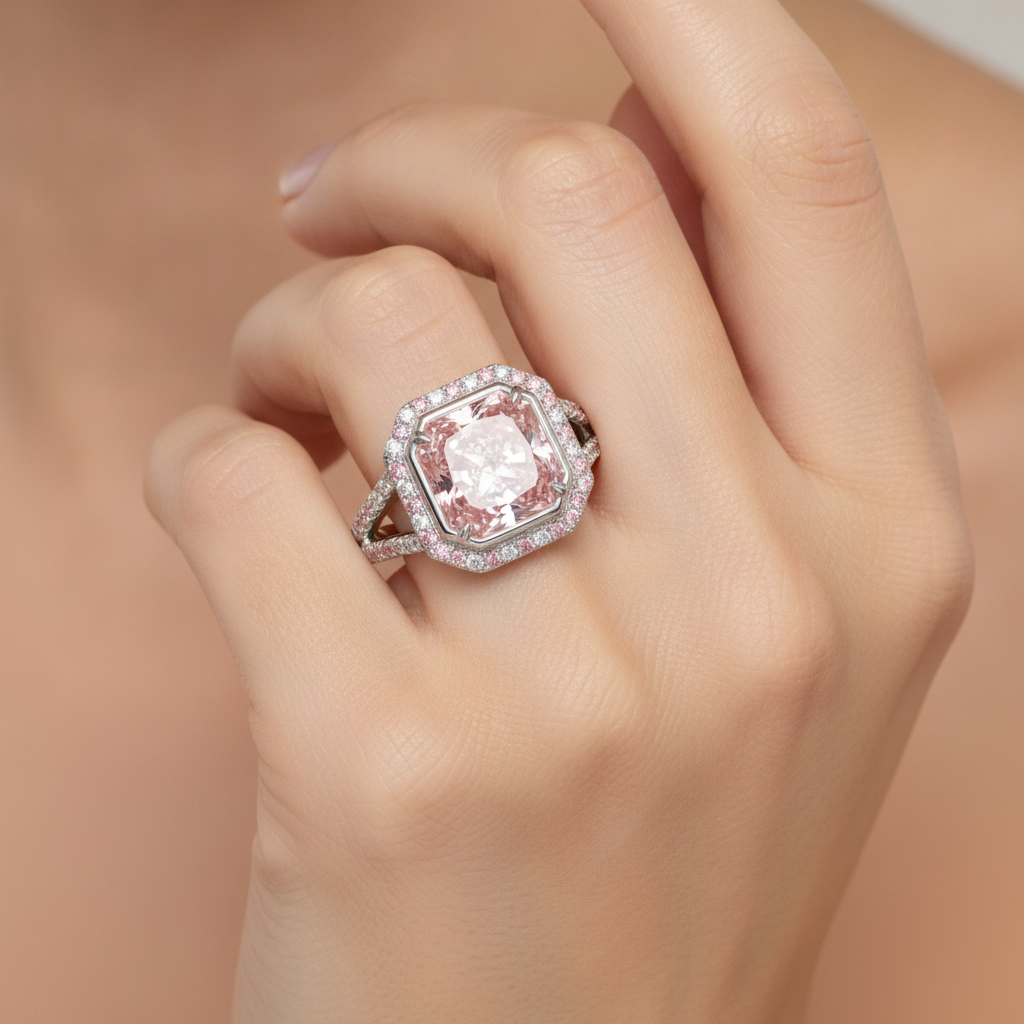 Rosa Verlobungsring, 5,5 Karat, im Labor gezüchteter Diamant im Radiant-Schliff, Halo, geteilte Ringschiene, 14 Karat Weißgold