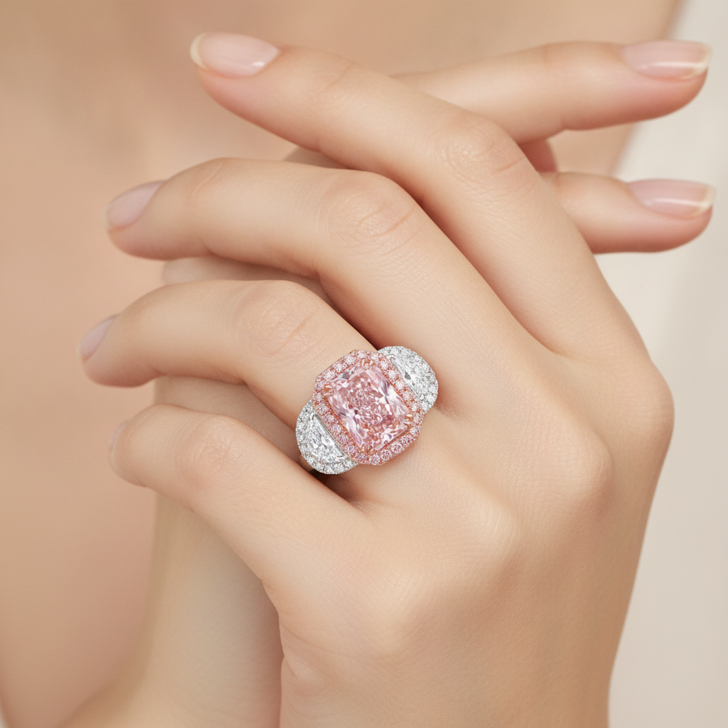 Verlobungsring mit rosa Diamant 5,5 Karat im Labor gezüchtet Radiant-Schliff Halo schlicht 14 Karat Weißgold