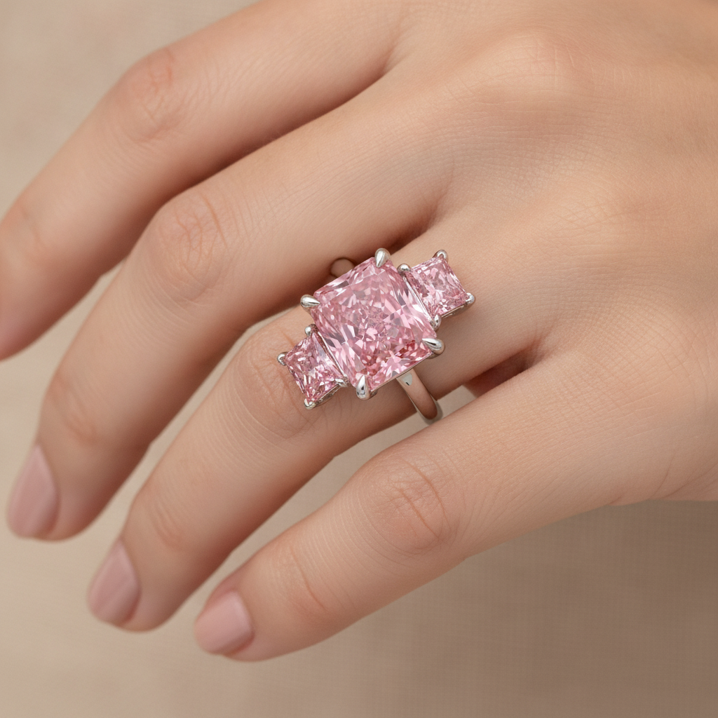 Verlobungsring mit rosa Diamant, 5,5 Karat, im Labor gezüchtet, Radiant-Schliff, Drei Steine, schlicht, 14 Karat Weißgold