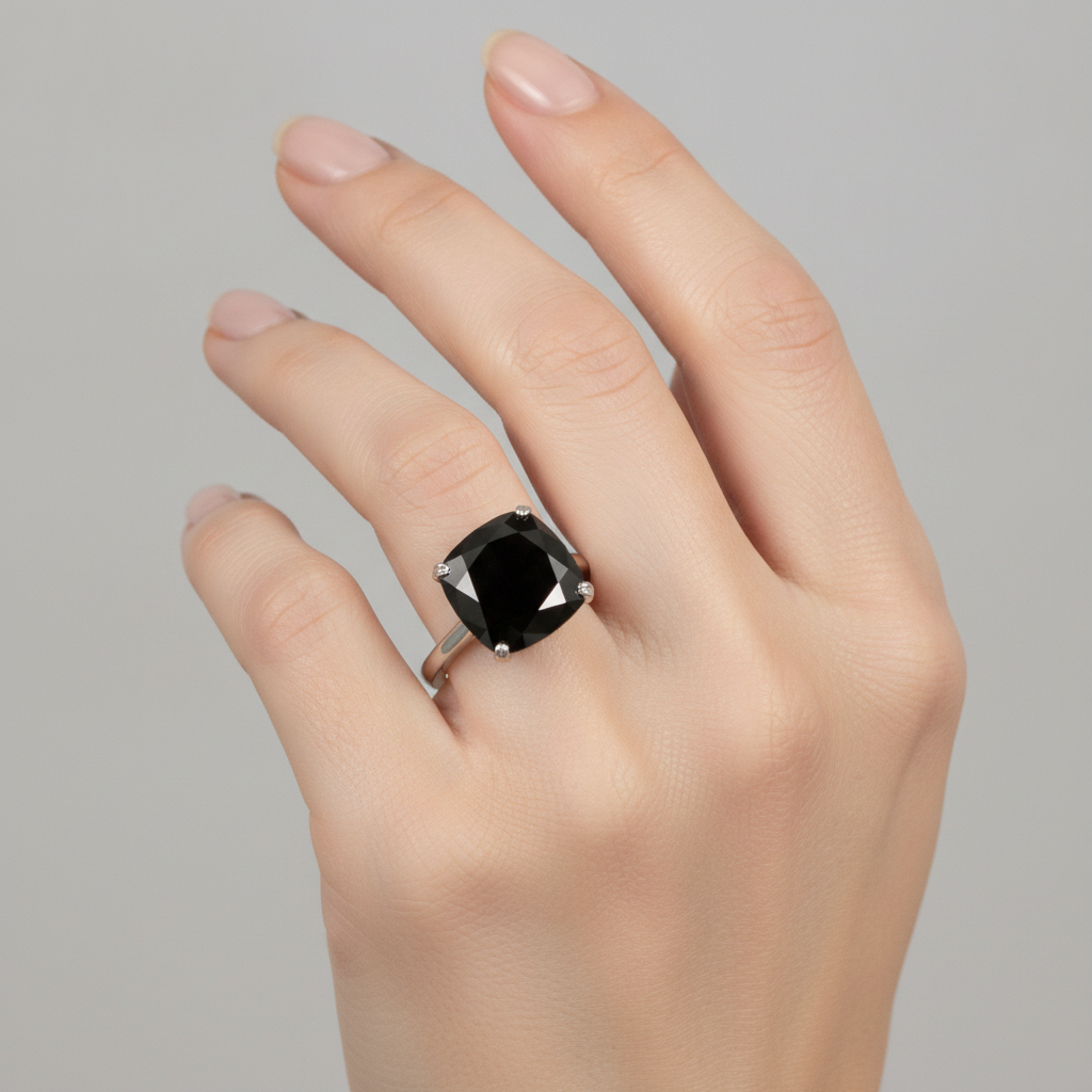 Verlobungsring mit echtem schwarzem Diamant, 5 Karat, Solitär im Kissenschliff, Messerkante, 14 Karat Weißgold