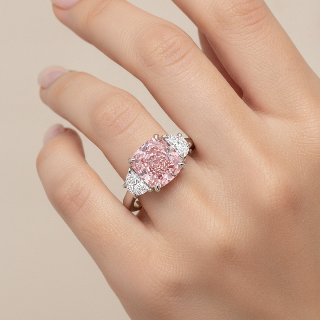 Dreistein-Ring mit pinkfarbenem Diamanten, 5 Karat, im Labor gezüchtet, Kissenschliff, 14 Karat Weißgold