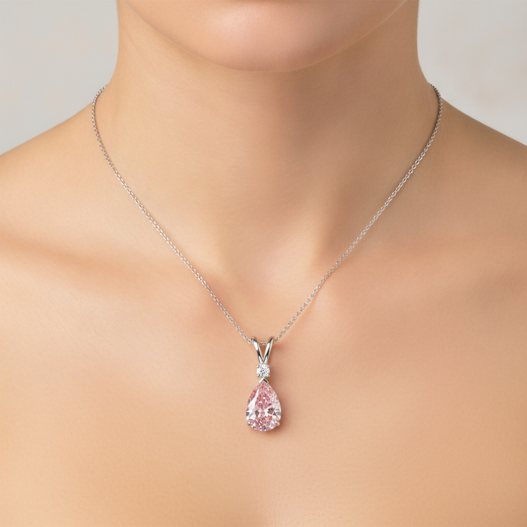 Halskette mit rosa Diamant, 5 Karat, im Labor gezüchtet, Tropfenschliff, Solitär-Anhänger, geteilter Schaft, 14 Karat Weißgold