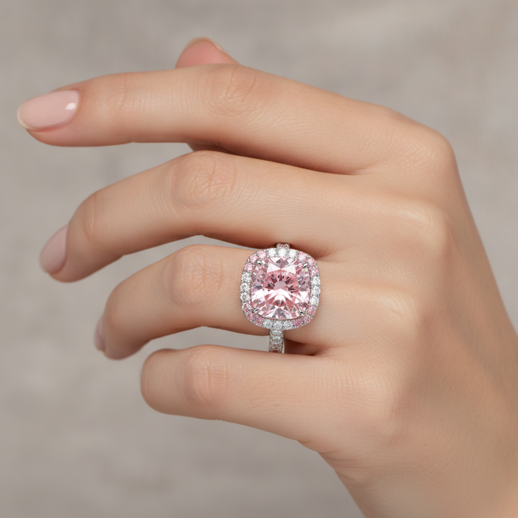 Damenring mit rosa Diamant, 6 Karat, im Labor gezüchtet, Kissenschliff, Doppel-Halo, 14 Karat Weißgold