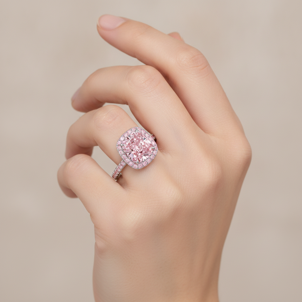 Im Labor gezüchteter rosa Diamant Verlobungsring 6 Karat Kissenschliff Halo Pavé 14 Karat Weißgold