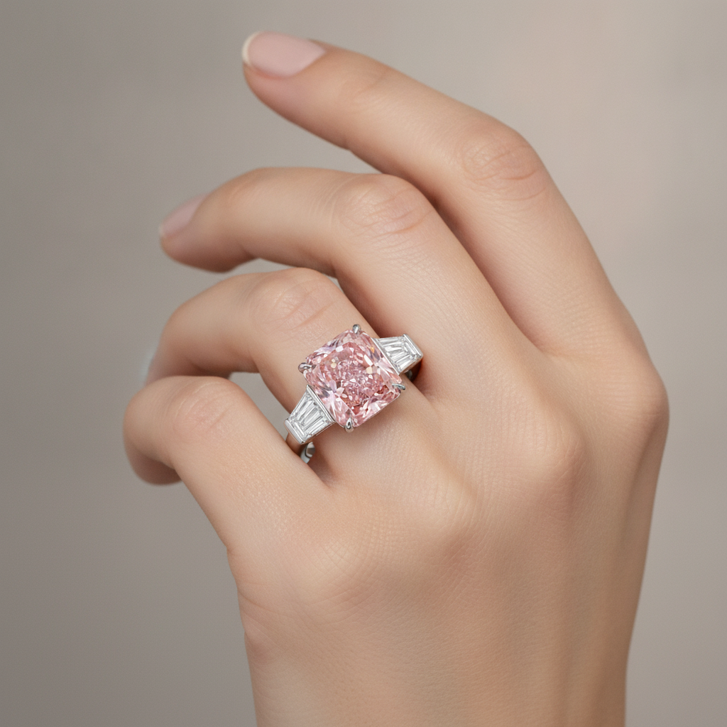 Dreistein-Ring mit rosa Diamant, 6 Karat, im Labor gezüchtet, Radiant-Schliff, Kathedralfassung, 14 Karat Weißgold