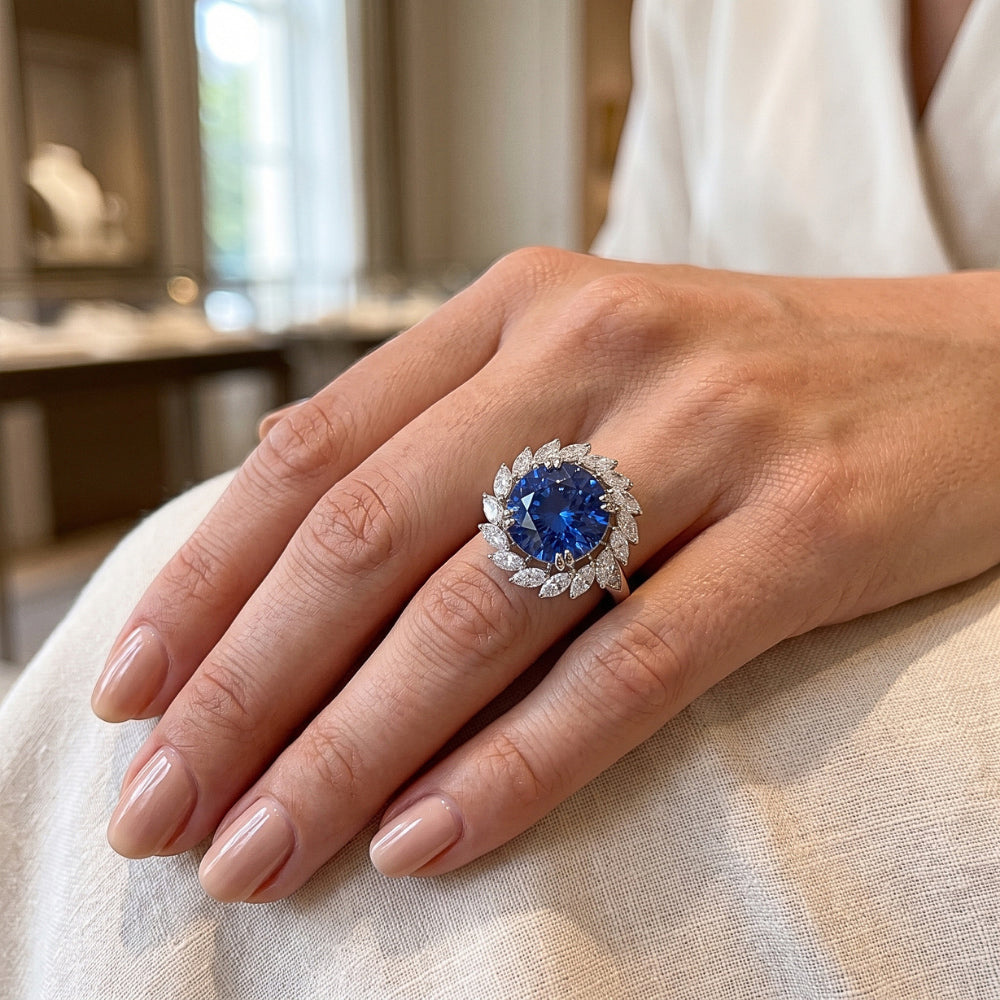 8.25 ct. Großer Sri Lanka Saphir und Marquise Diamanten Ring