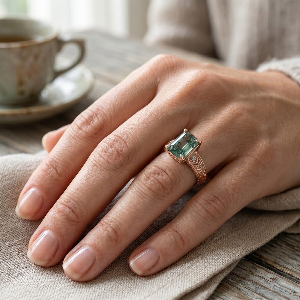 Authentischer VVS Moss Agate Edelstein-Ring 2 Karat