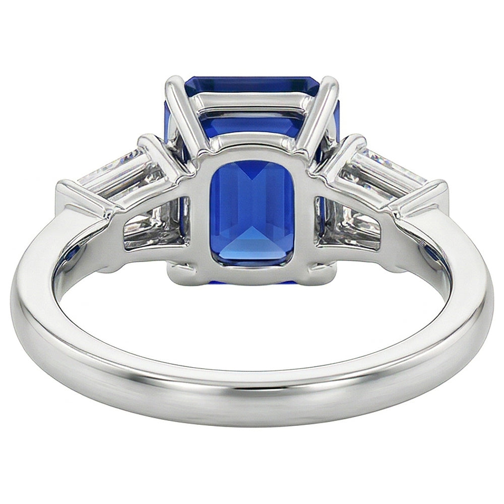 Baguette Natürlicher Diamant ( nicht im Labor gezüchtet ) 3 Steine Ring Asscher Schliff Blauer Saphir 2.50 Karat