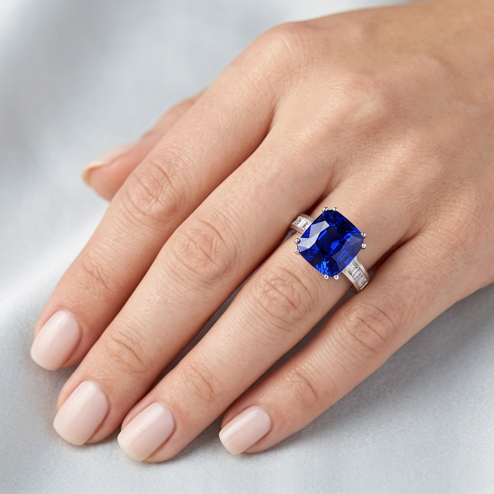 Baguette Natürlicher Diamant ( nicht im Labor gezüchtet ) Kissen Blauer Saphir Ring 4 Karat Gold 14K Schmuck