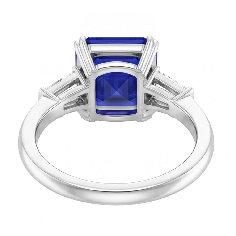 Baguette-Natürlicher Diamant ( nicht im Labor gezüchtet )-Ring mit 3 Steinen Tiefblauer Saphir im Asscher-Schliff 2 Karat