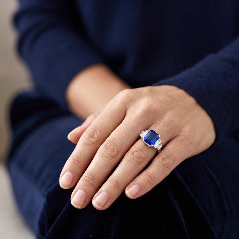 Baguette Natürlicher Diamant ( nicht im Labor gezüchtet ) & Radiant Cut Blauer Saphir Ringriegel Set 2 Karat