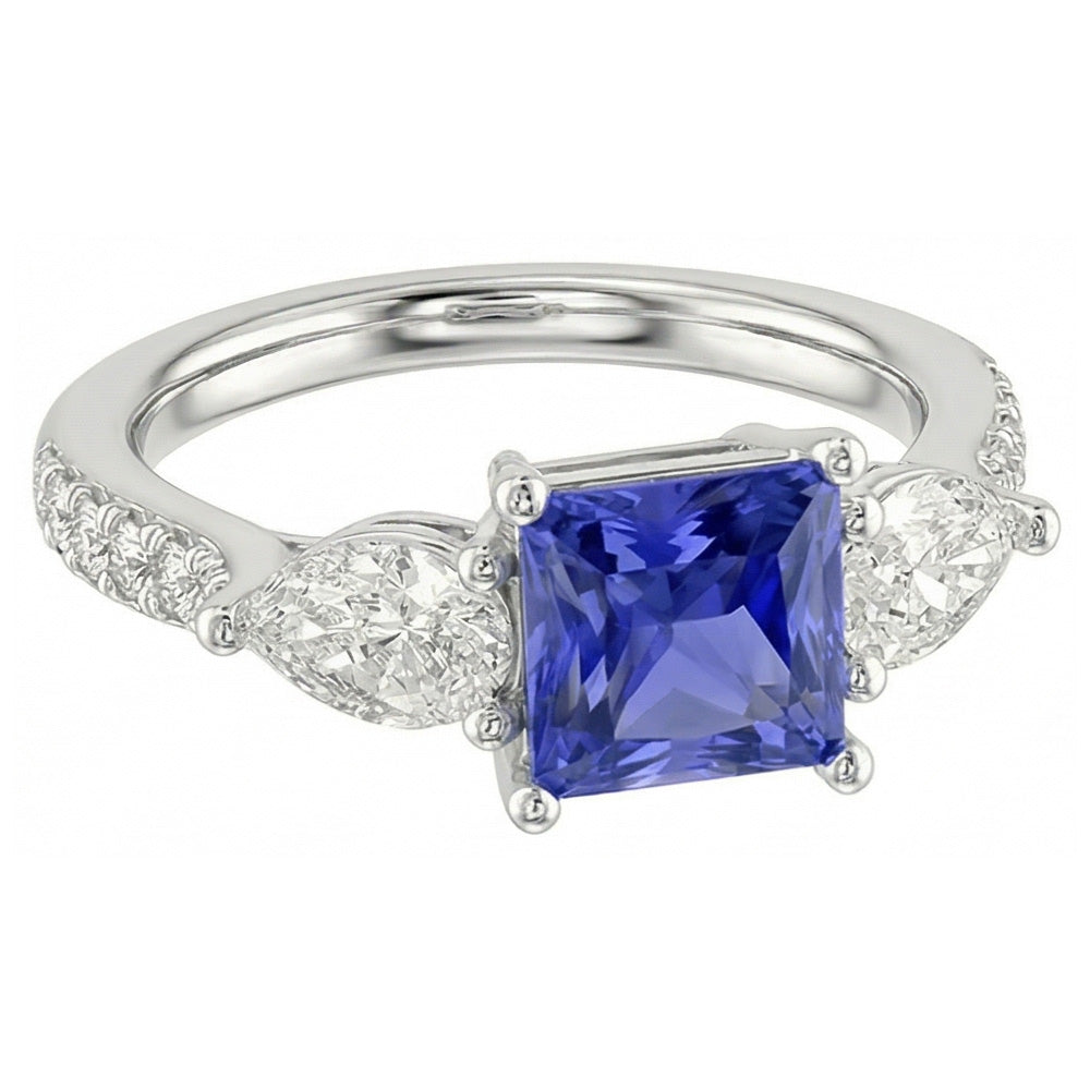 Blauer Saphir Edelstein Radiant Cut Ring Birne & Runde Natürlicher Diamant ( nicht im Labor gezüchtet )en 3 Karat