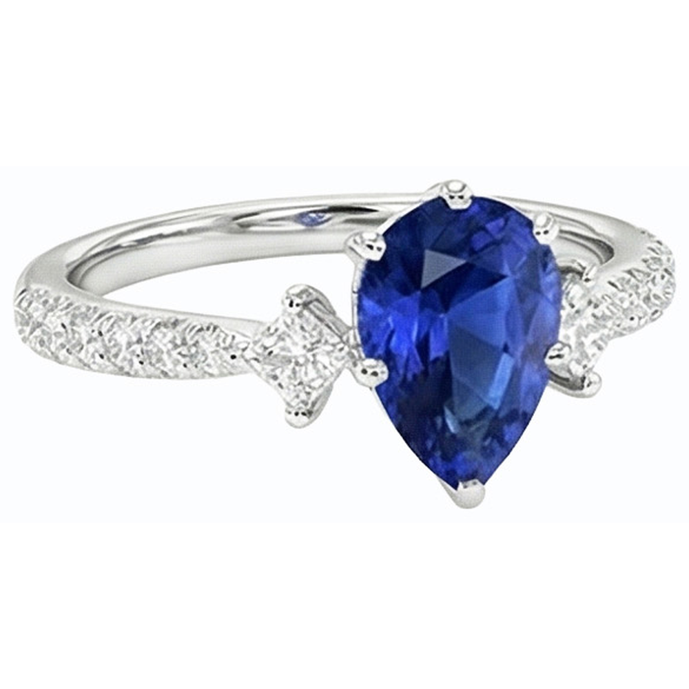 Blauer Saphir Ring SriLanka Drei Stein Natürlicher Diamant ( nicht im Labor gezüchtet ) Akzente Birne 3 Karat