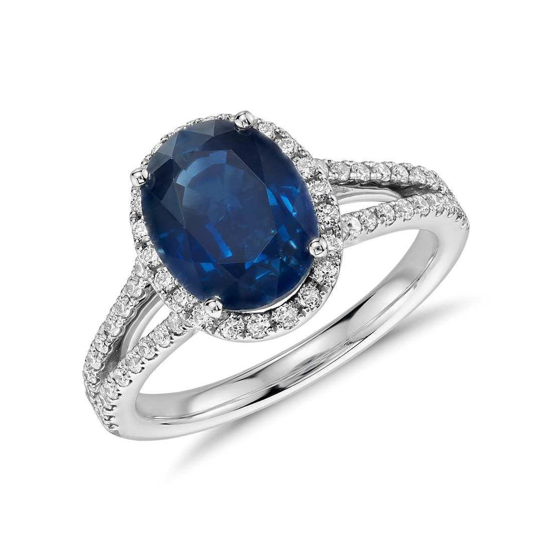 Blauer Ovaler Saphir Diamant Ring Weiß Gold 14K