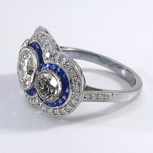 Blauer Saphir Altschliff Echt Diamantring 3 Steine Stil 6 Karat
