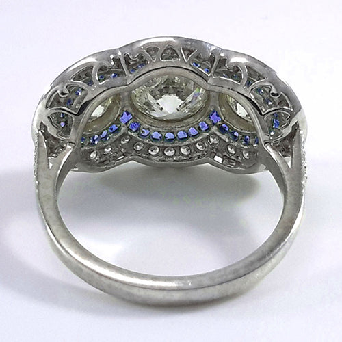 Blauer Saphir Altschliff Echt Diamantring 3 Steine Stil 6 Karat