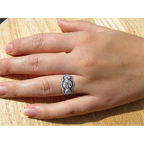 Blauer Saphir Altschliff Echt Diamantring 3 Steine Stil 6 Karat