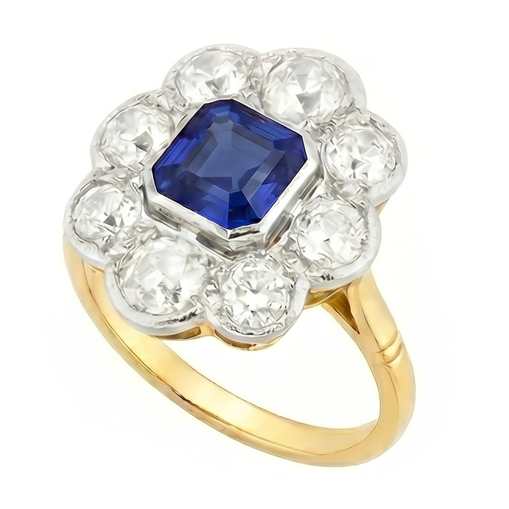 Diamant Halo Saphir Ring Lünette Set Asscher Cut Flower Style 4 Karat