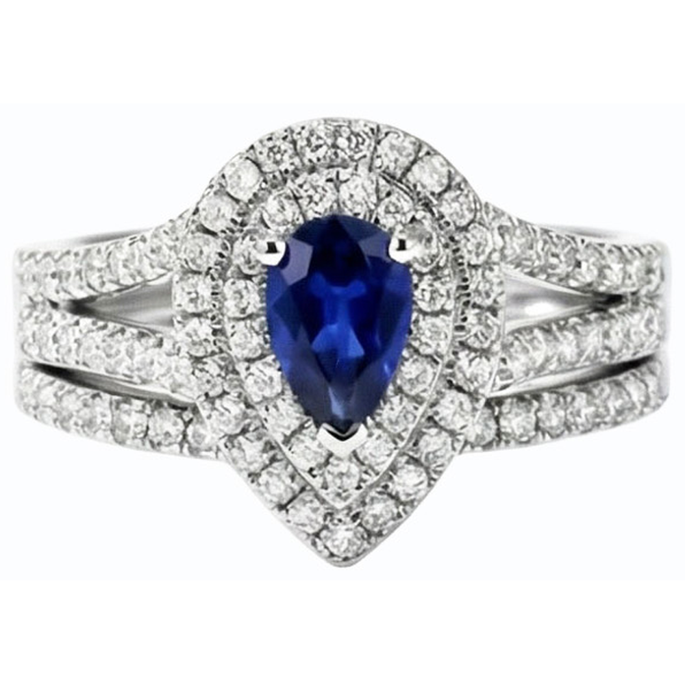 Doppelter Halo Ehering Set Birnenblauer Saphir & Natürlicher Diamant ( nicht im Labor gezüchtet )en 4,50 Karat