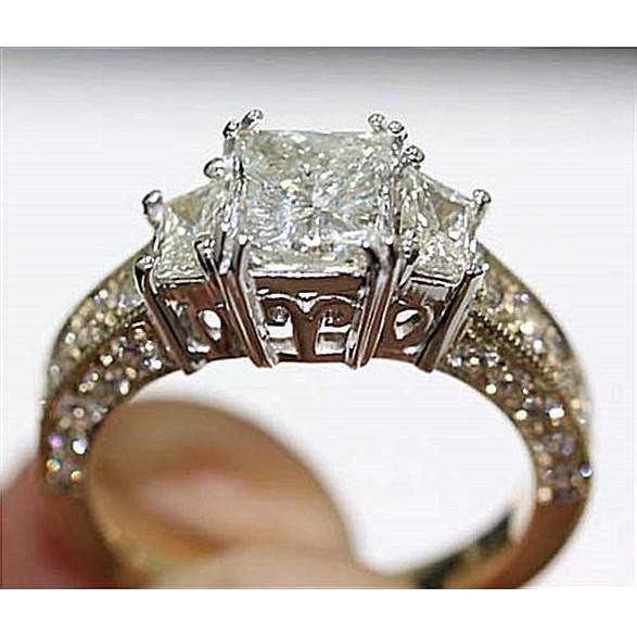 Drei-Stein-Echt Diamant-Ring 2,75 Karat Vintage-Stil Gelbgold 14K