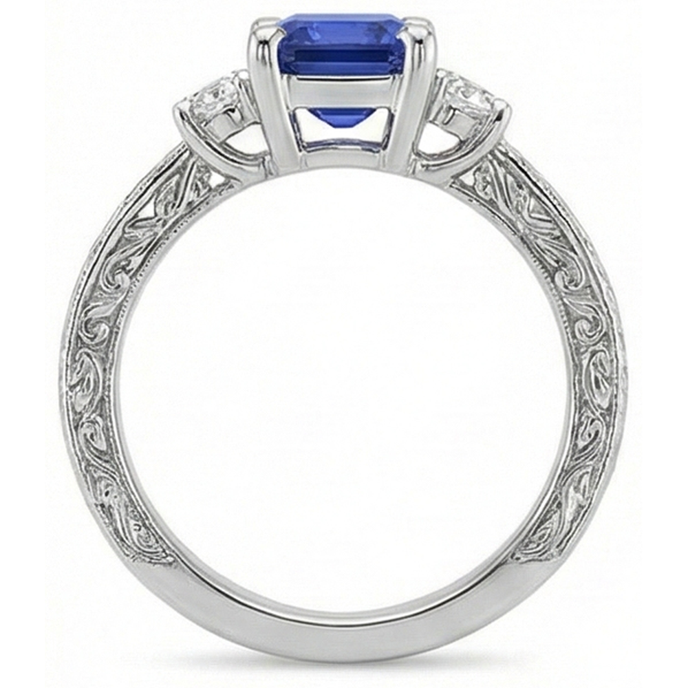 Drei-Steine-Ring Antik-Stil Blauer Saphir & Diamanten 4,50 Karat